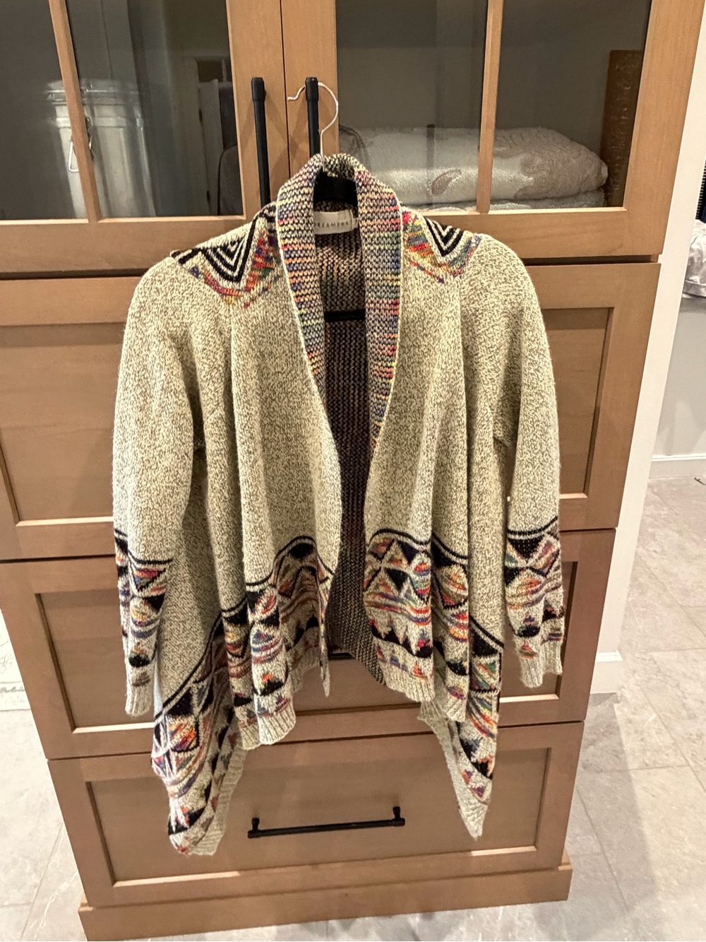 Dreamers Cream Open-Front Cardigan with Multicolor Aztec Trim